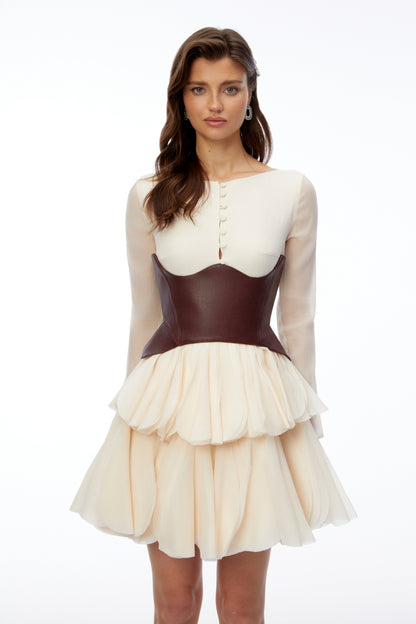 Ivy Cream Color Block Puffball Mini Dress