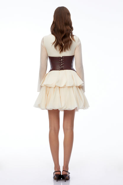 Ivy Cream Color Block Puffball Mini Dress