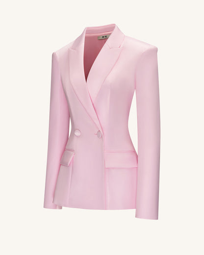 Lily Saten Kruvaze Düğmeli Blazer Ceket Takım - Pembe