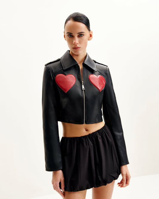 Sophie Crop (Kısa Kesim) Deri Ceket - Siyah & Kırmızı