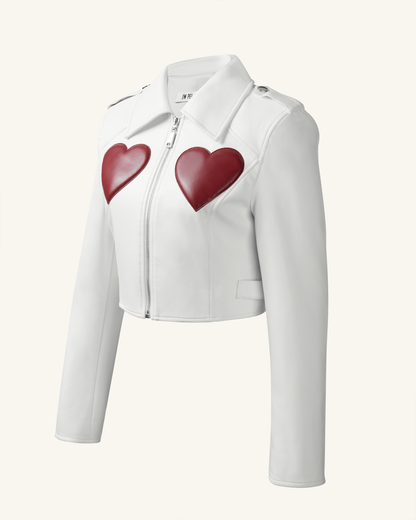 Sophie Crop (Kısa Kesim) Deri Ceket - Beyaz & Kırmızı