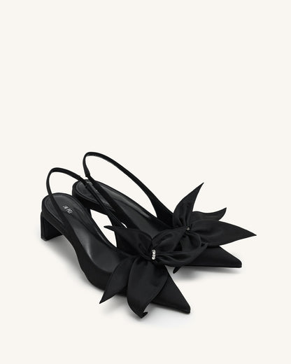 Queena Çiçek Desenli Aplikeli Arkası Açık (Slingback) Topuklu Ayakkabı (Pumps) - Siyah