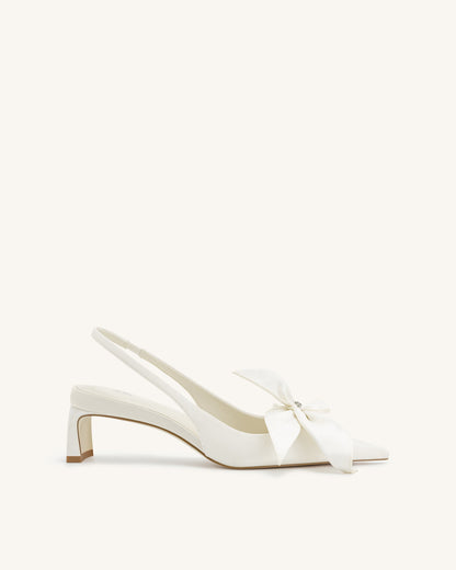 Queena Çiçek Desenli Aplikeli Arkası Açık (Slingback) Topuklu Ayakkabı (Pumps) - Fildişi Beyaz