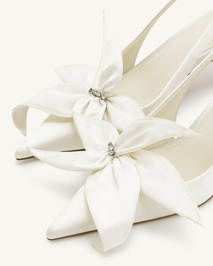Queena Çiçek Desenli Aplikeli Arkası Açık (Slingback) Topuklu Ayakkabı (Pumps) - Fildişi Beyaz