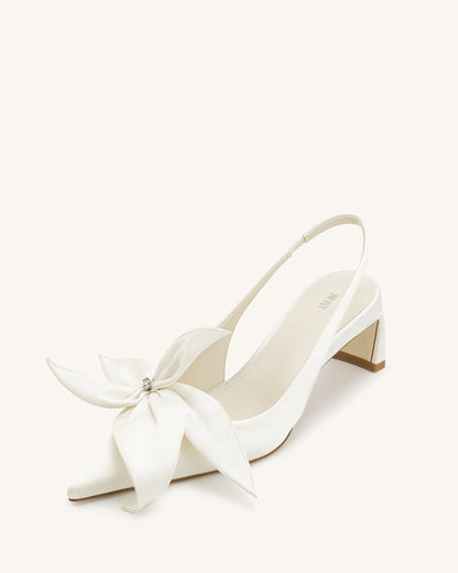 Queena Çiçek Desenli Aplikeli Arkası Açık (Slingback) Topuklu Ayakkabı (Pumps) - Fildişi Beyaz
