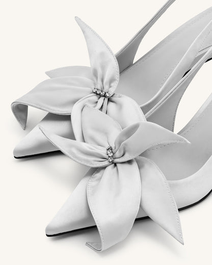 Queena Çiçek Desenli Aplikeli Arkası Açık (Slingback) Topuklu Ayakkabı (Pumps) - Gümüş