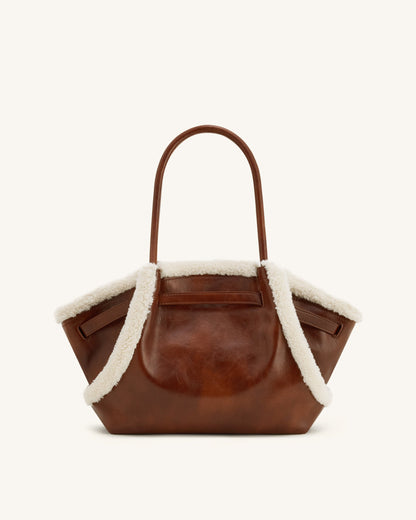 Hana Orta Boy Suni Shearling (Kuzu Postu) Şerit Detaylı Tote Çanta - Kahverengi