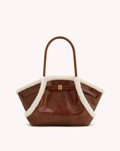 Hana Orta Boy Suni Shearling (Kuzu Postu) Şerit Detaylı Tote Çanta - Kahverengi