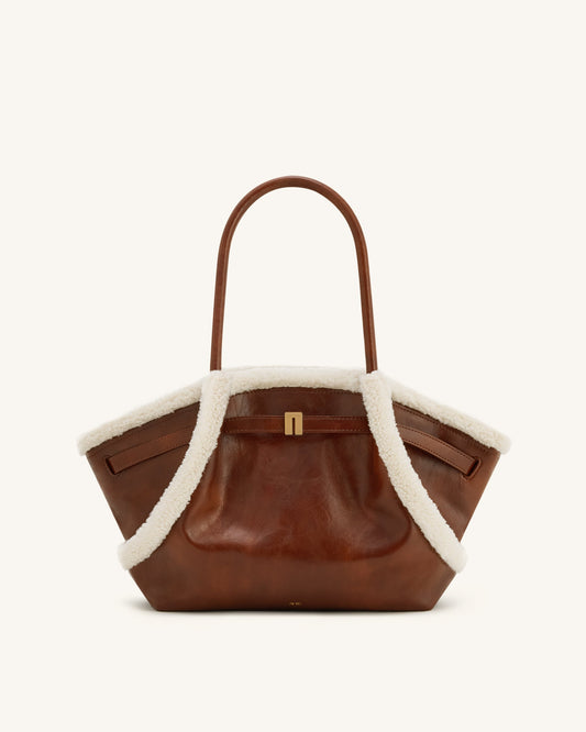 Hana Medium Faux Shearling Trim Tote Bag - Brown