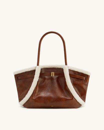 Hana Orta Boy Suni Shearling (Kuzu Postu) Şerit Detaylı Tote Çanta - Kahverengi
