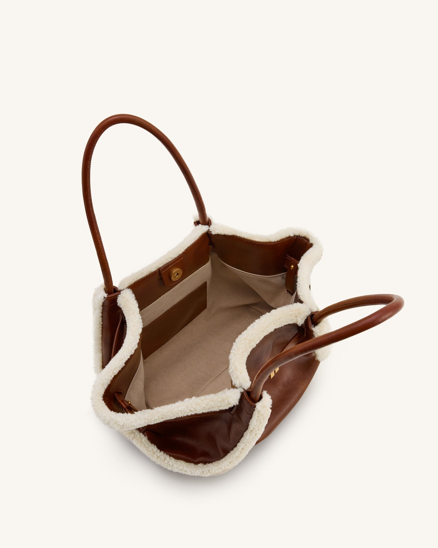 Hana Orta Boy Suni Shearling (Kuzu Postu) Şerit Detaylı Tote Çanta - Kahverengi