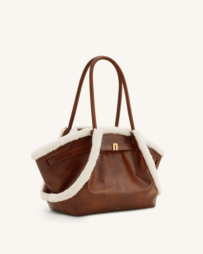 Hana Orta Boy Suni Shearling (Kuzu Postu) Şerit Detaylı Tote Çanta - Kahverengi