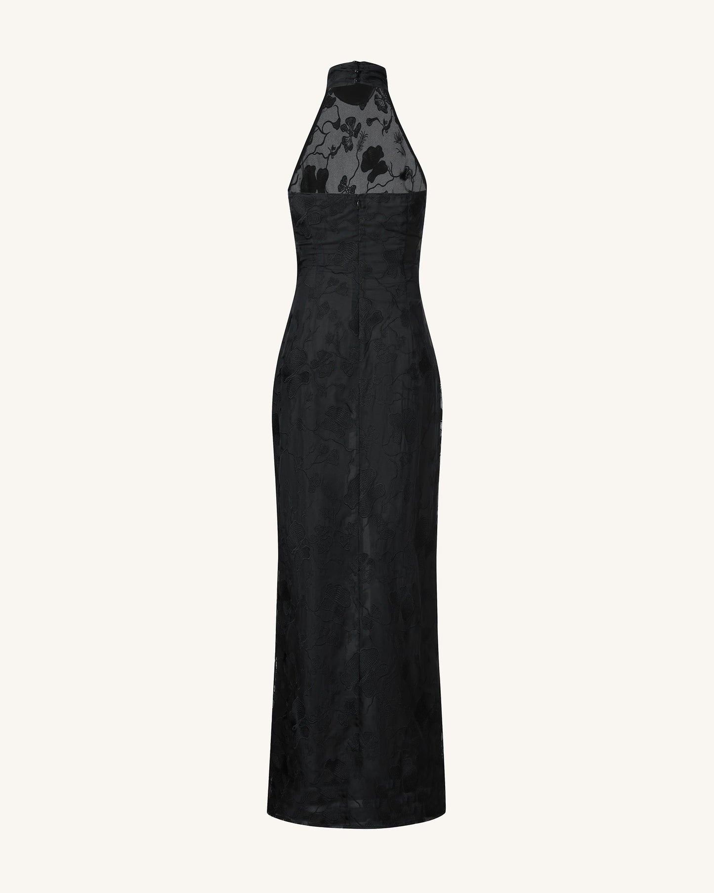 Uliana Siyah Çiçek Desenli Dantel Halter Yaka Maxi Elbise - Siyah