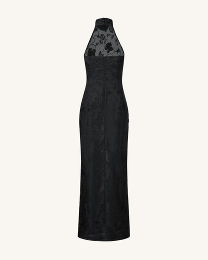 Uliana Siyah Çiçek Desenli Dantel Halter Yaka Maxi Elbise - Siyah