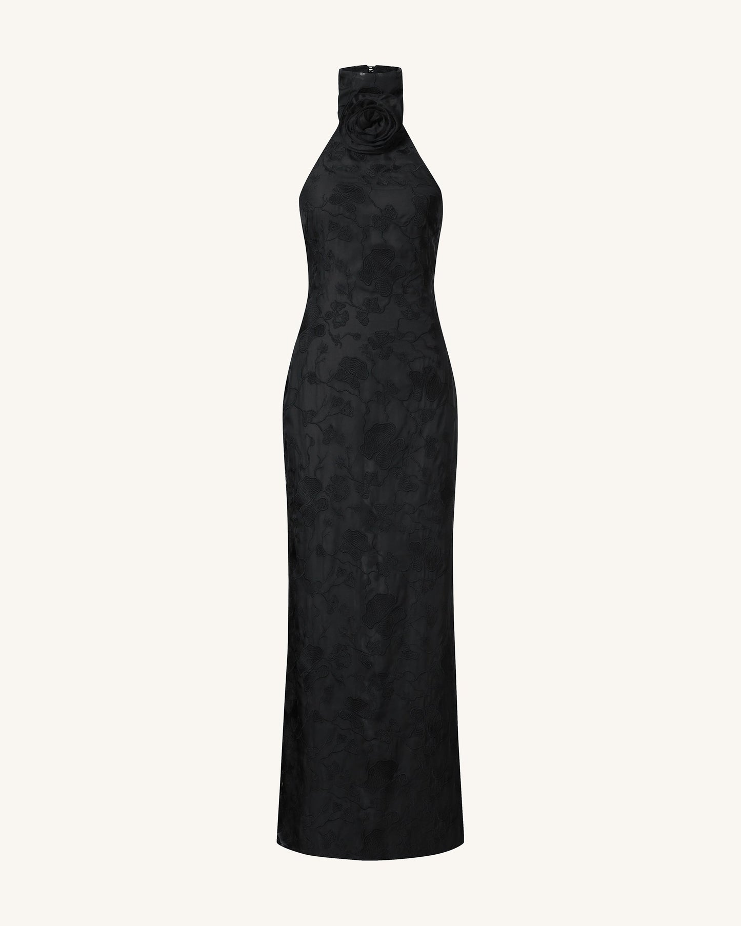 Uliana Siyah Çiçek Desenli Dantel Halter Yaka Maxi Elbise - Siyah