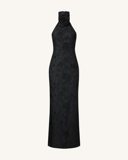 Uliana Siyah Çiçek Desenli Dantel Halter Yaka Maxi Elbise - Siyah
