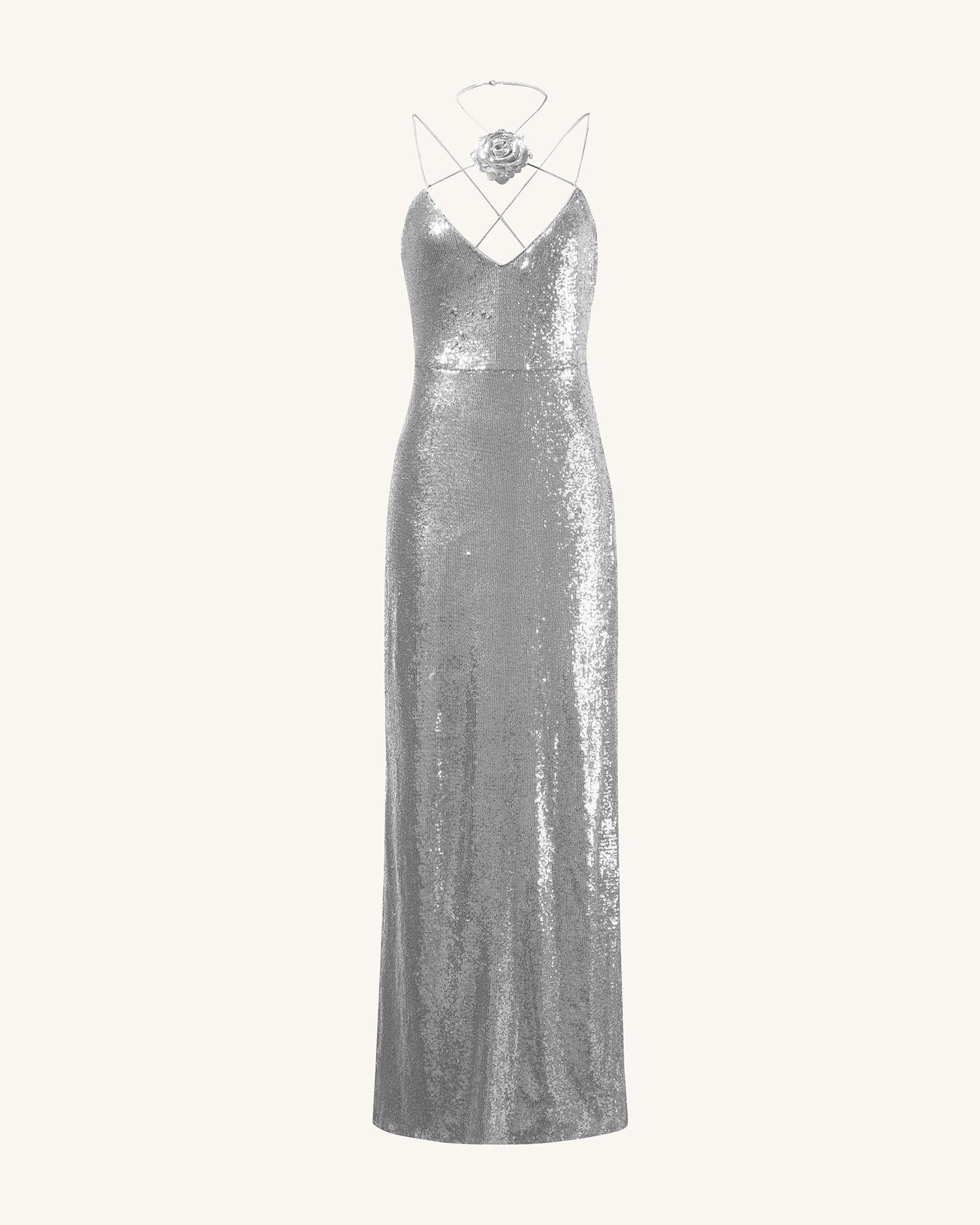 Heisey Gümüş Payetli Rozet Detaylı Maxi Elbise - Gümüş