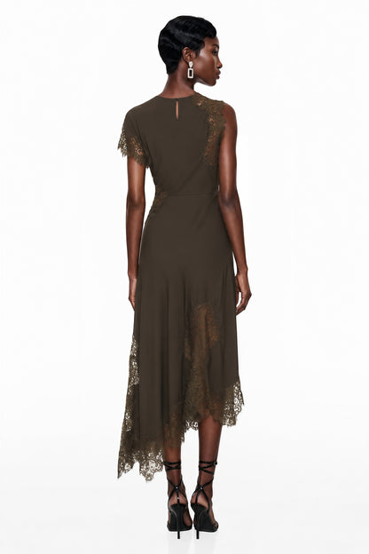 Jacinta Chocolate Brown Asymmetrical Midi Dress with Lace Panels