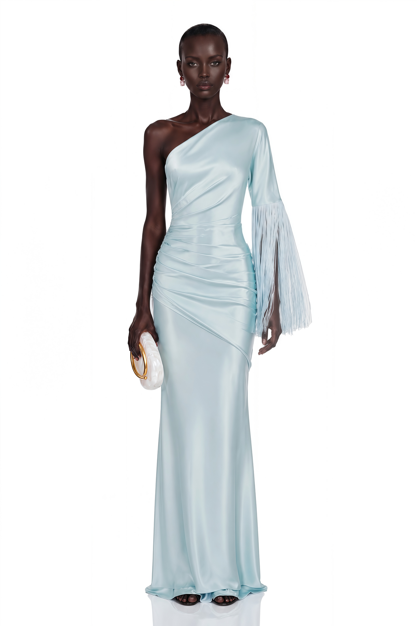 Jacinta Light Blue One Shoulder Fringe Maxi Dress