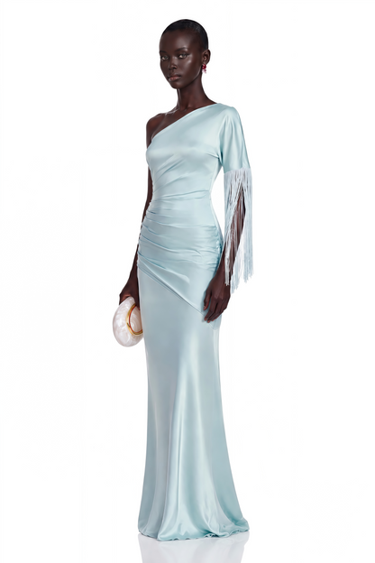 Jacinta Light Blue One Shoulder Fringe Maxi Dress