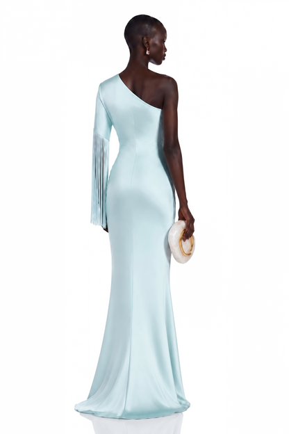 Jacinta Light Blue One Shoulder Fringe Maxi Dress