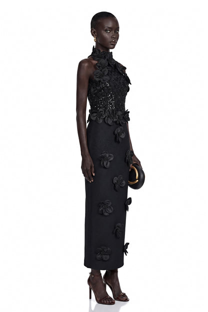 Jacqueline Black Sleeveless Maxi Dress with 3D Petals
