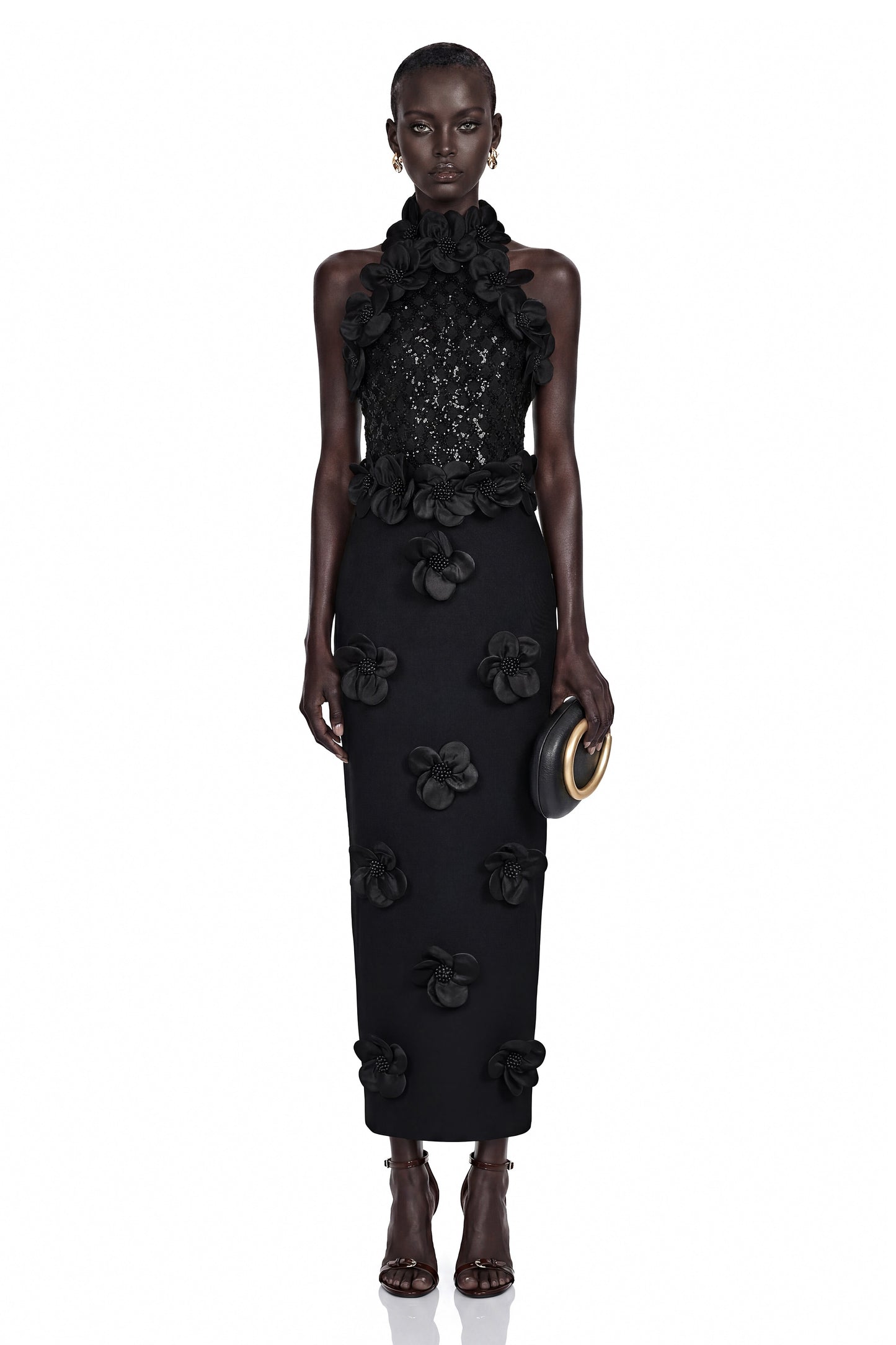 Jacqueline Black Sleeveless Maxi Dress with 3D Petals