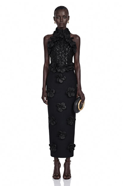 Jacqueline Black Sleeveless Maxi Dress with 3D Petals