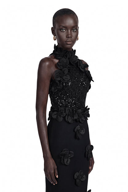 Jacqueline Black Sleeveless Maxi Dress with 3D Petals