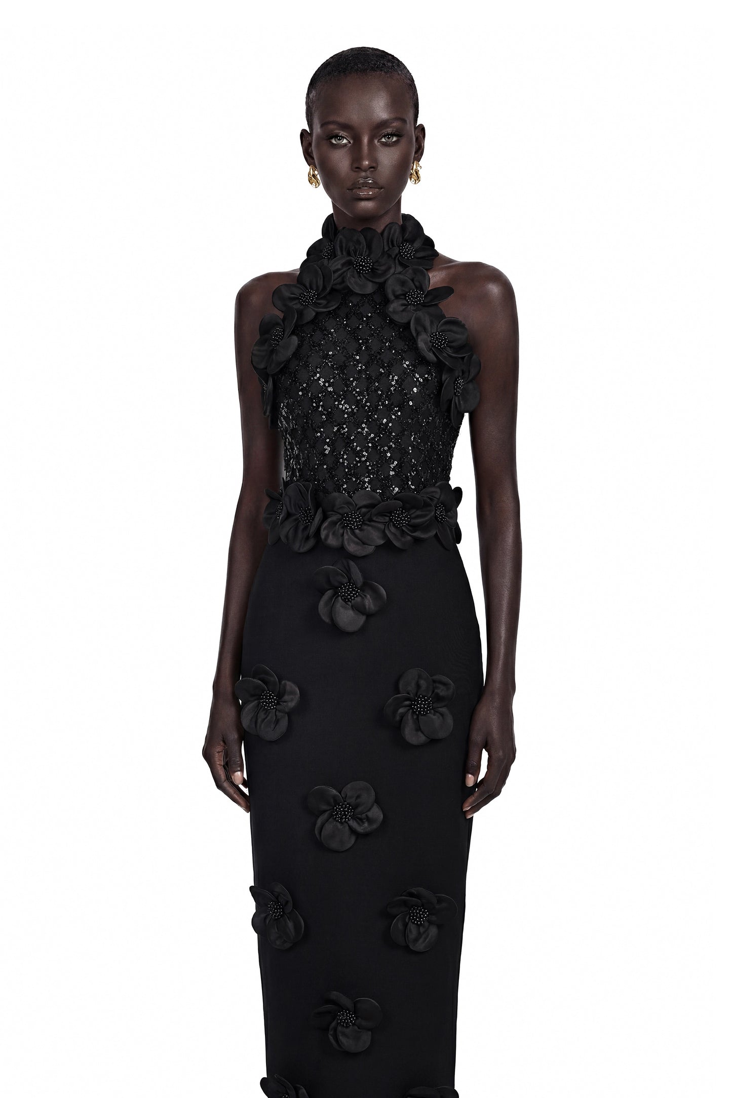 Jacqueline Black Sleeveless Maxi Dress with 3D Petals
