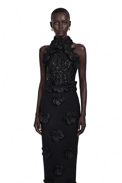 Jacqueline Black Sleeveless Maxi Dress with 3D Petals