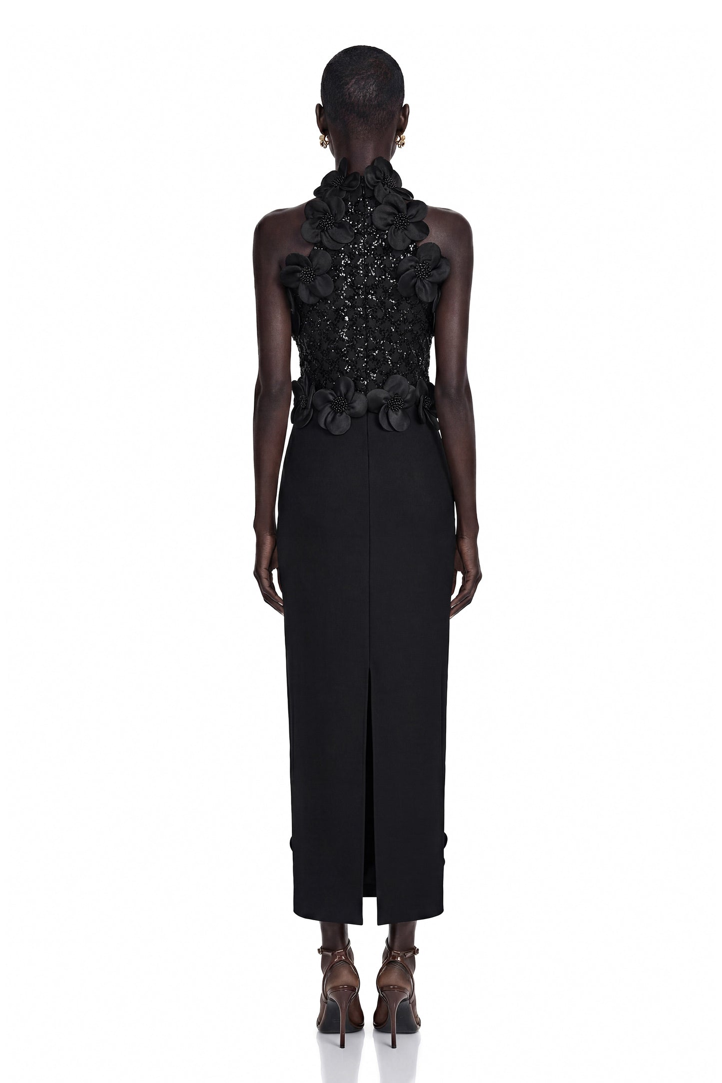 Jacqueline Black Sleeveless Maxi Dress with 3D Petals