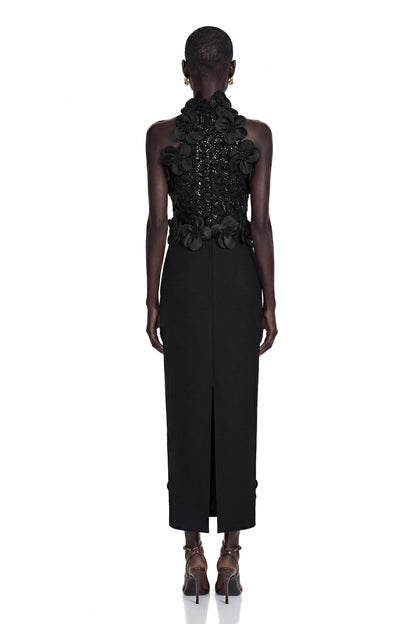 Jacqueline Black Sleeveless Maxi Dress with 3D Petals