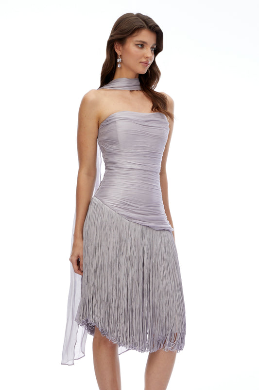 Amaia Smoky Purple Off Shoulder Ruched Midi Dress with Fringe