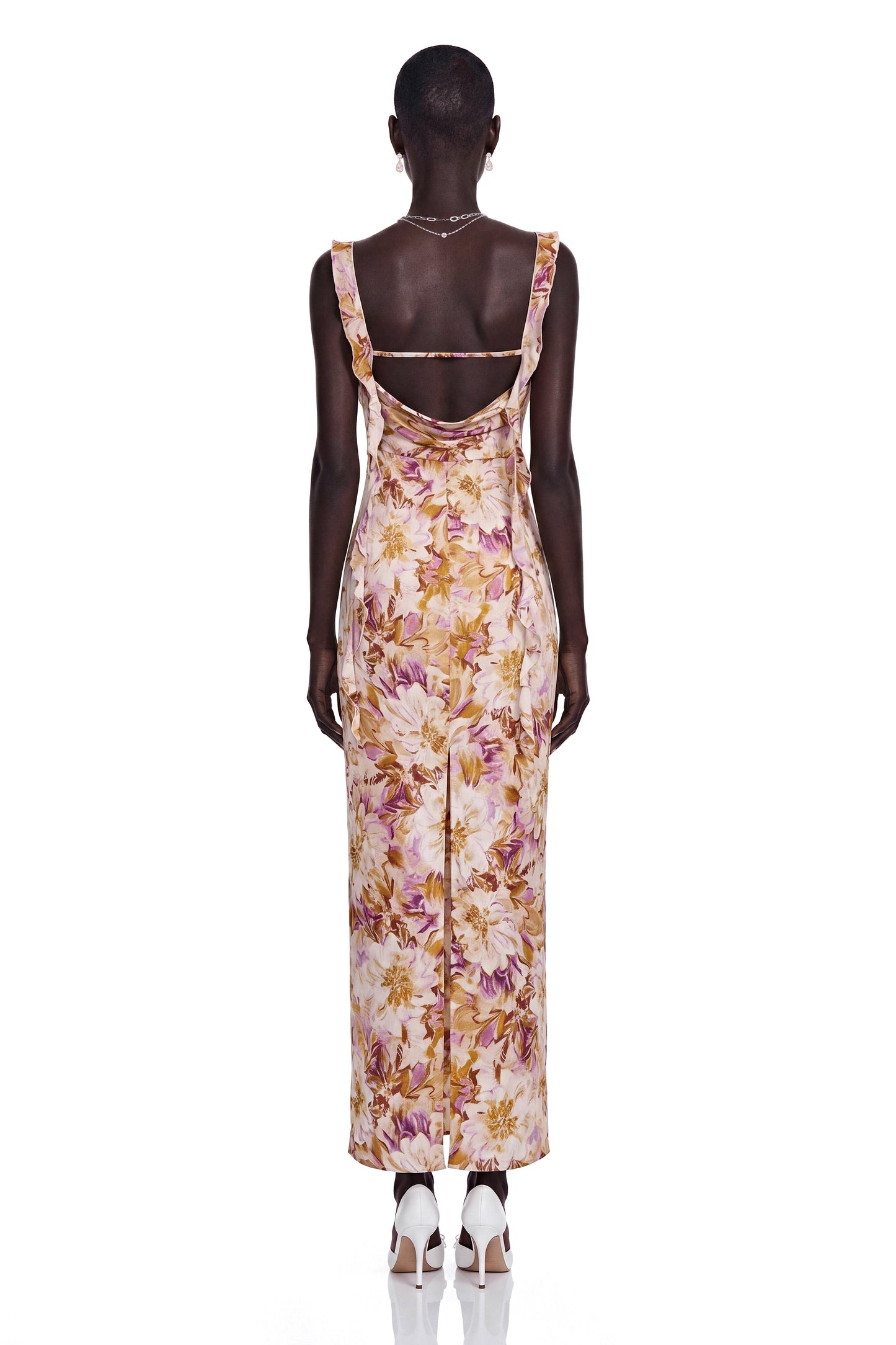 Jade Purple Sweetheart Floral Print Maxi Dress with Ribbon