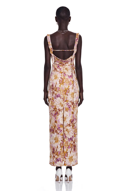 Jade Purple Sweetheart Floral Print Maxi Dress with Ribbon