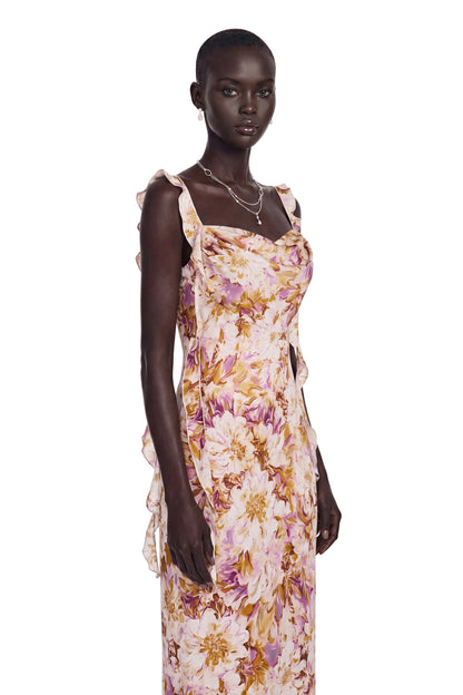 Jade Purple Sweetheart Floral Print Maxi Dress with Ribbon