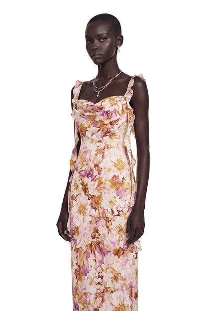 Jade Purple Sweetheart Floral Print Maxi Dress with Ribbon