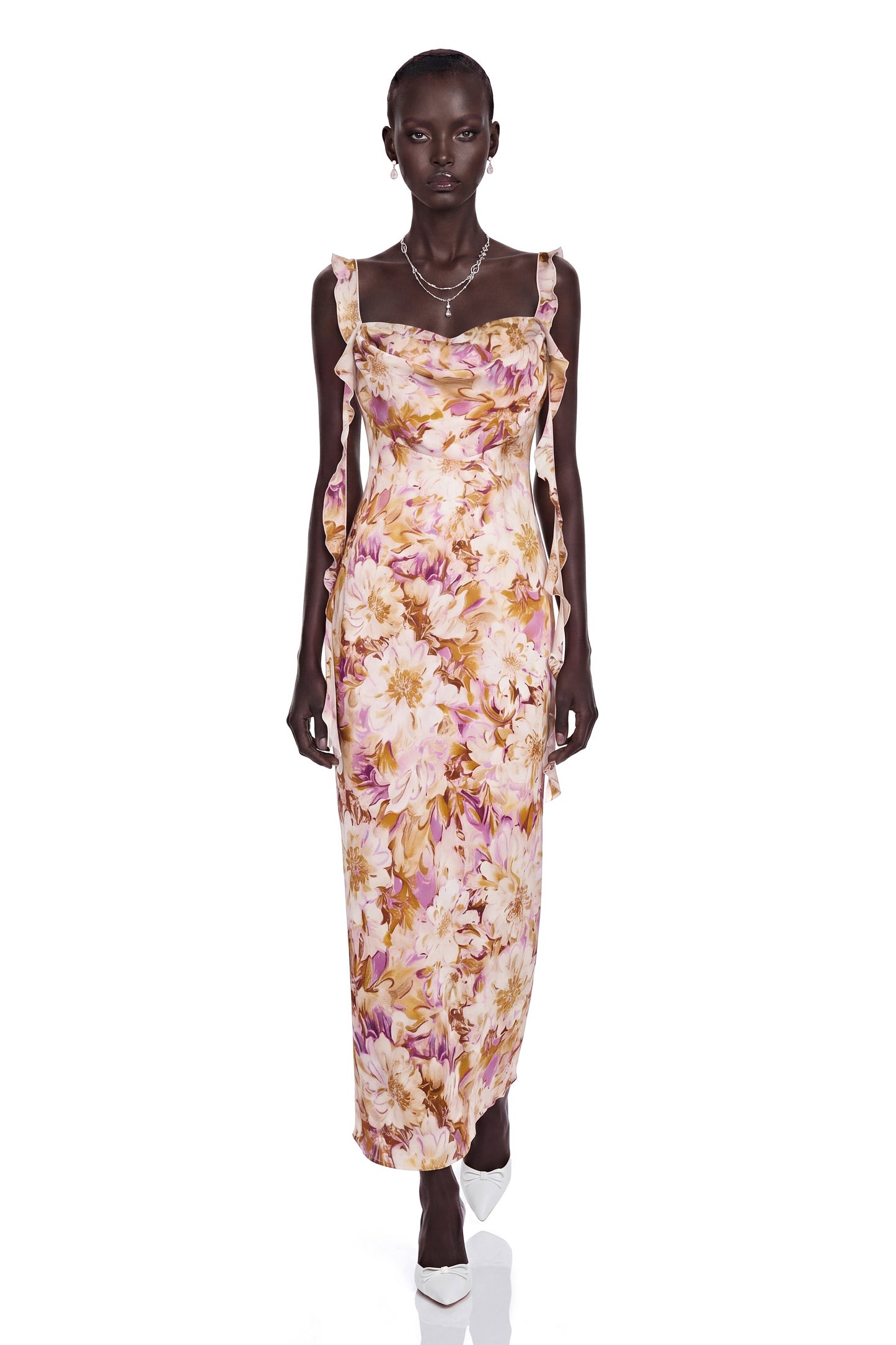 Jade Purple Sweetheart Floral Print Maxi Dress with Ribbon