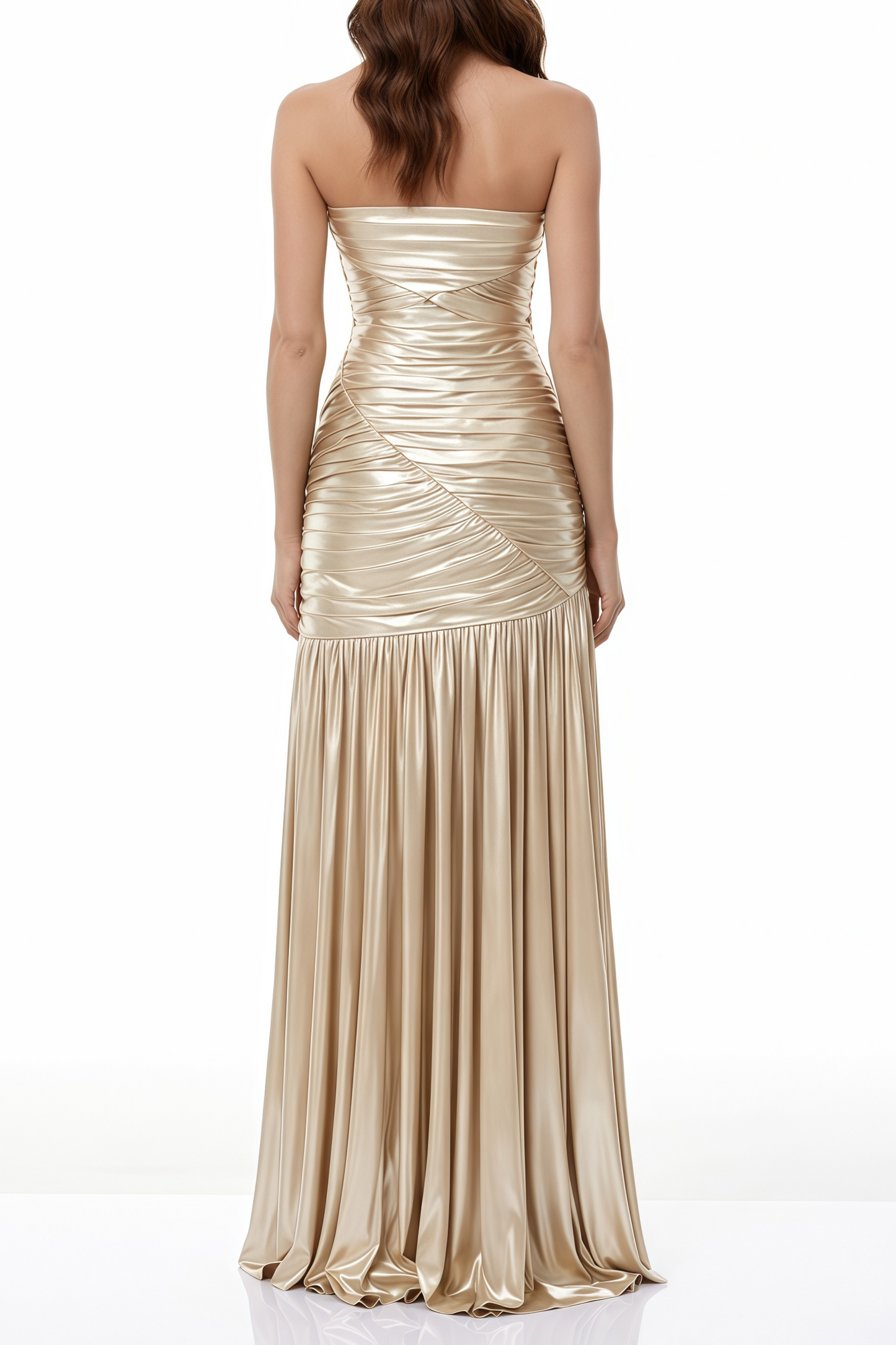 Jamila Champagne Ruched Glossy Maxi Dress with High Slit
