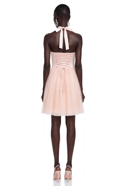Jarmila Pink Halterneck Pleated Mini Dress