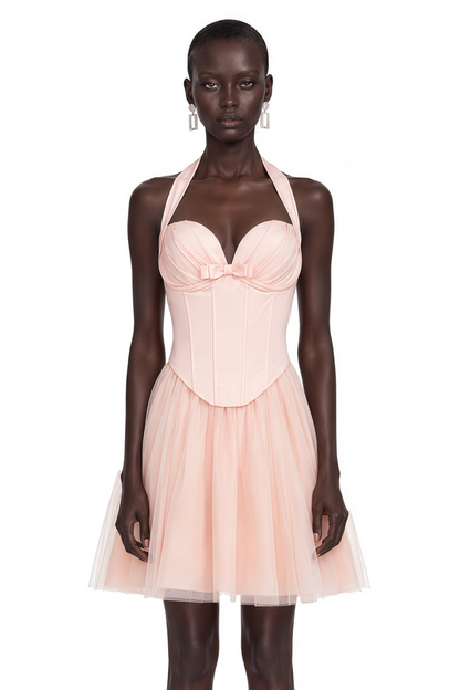 Jarmila Pink Halterneck Pleated Mini Dress