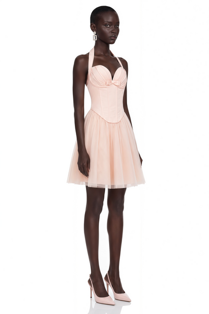 Jarmila Pink Halterneck Pleated Mini Dress