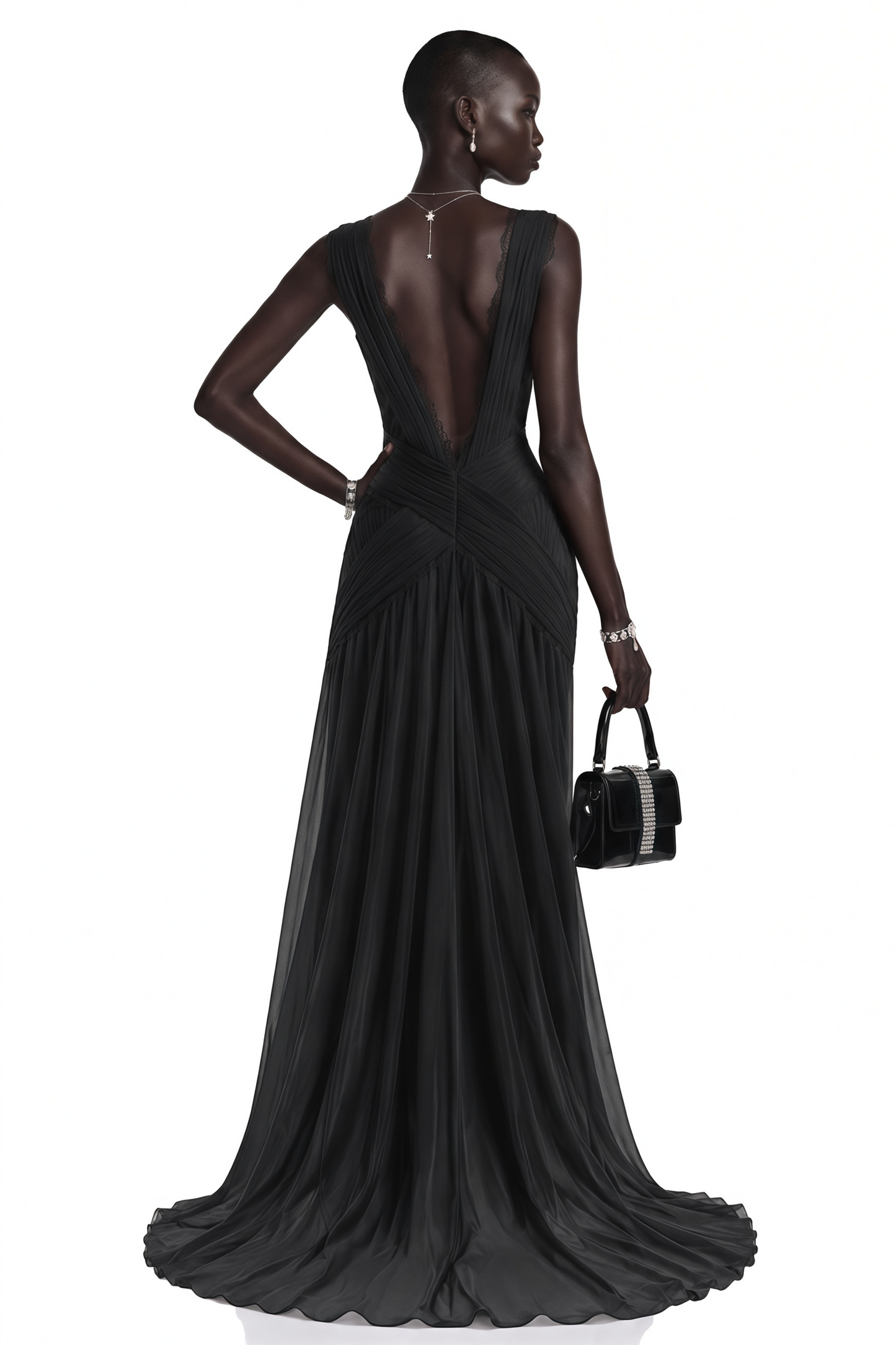 Jasmine Black Plunge Neck Ruched Maxi Dress