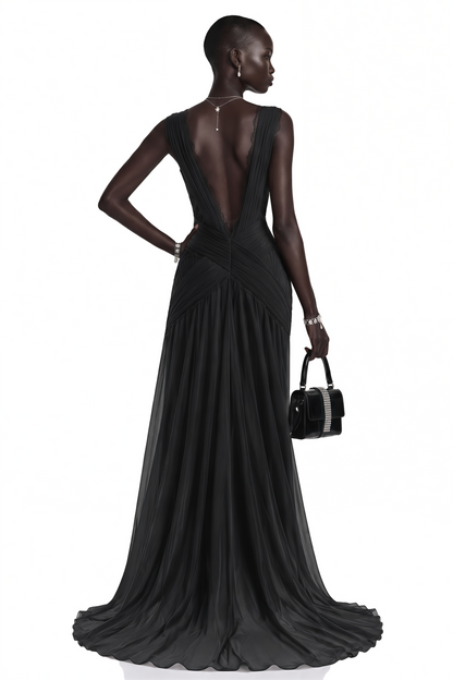 Jasmine Black Plunge Neck Ruched Maxi Dress
