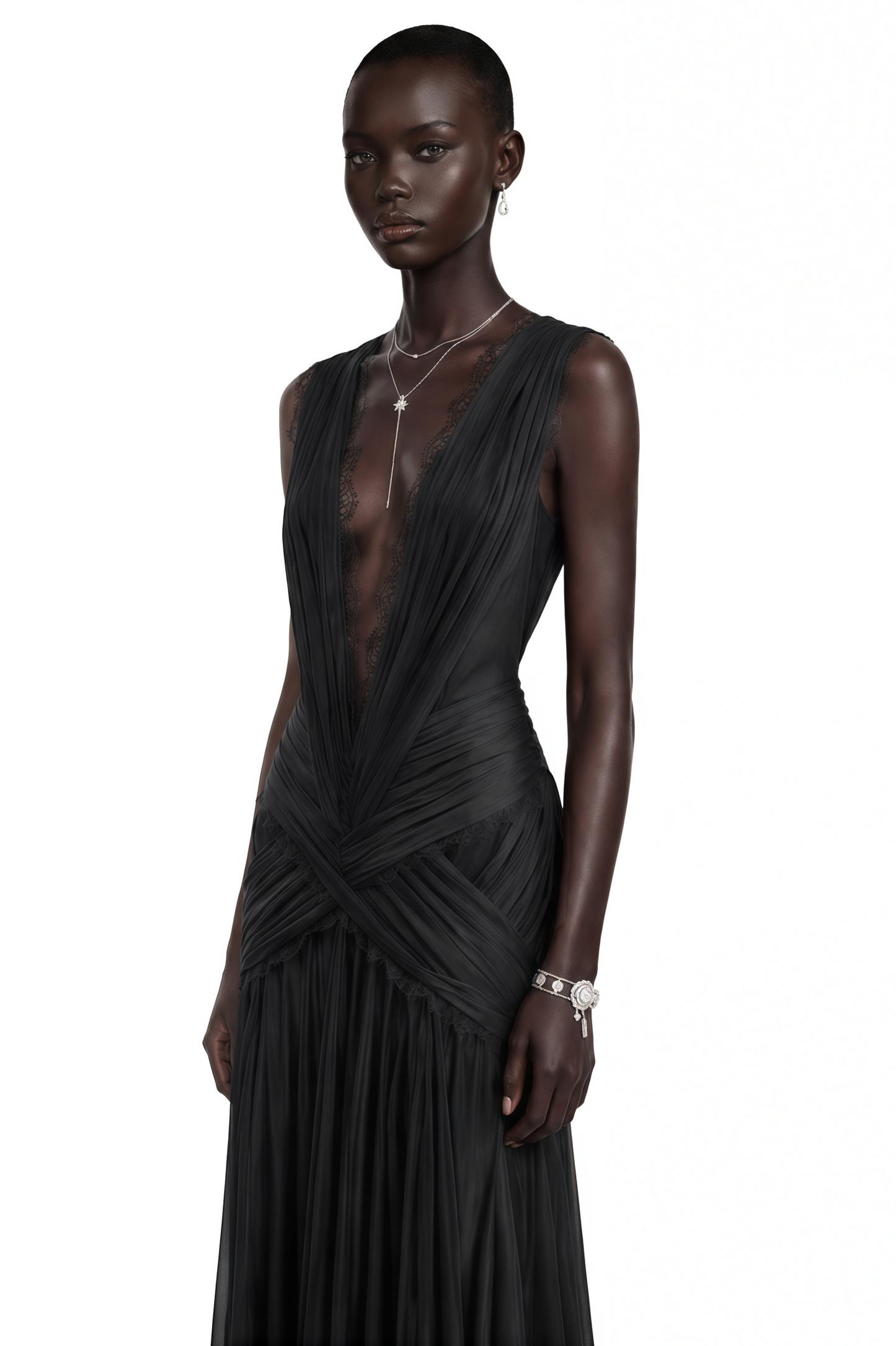 Jasmine Black Plunge Neck Ruched Maxi Dress