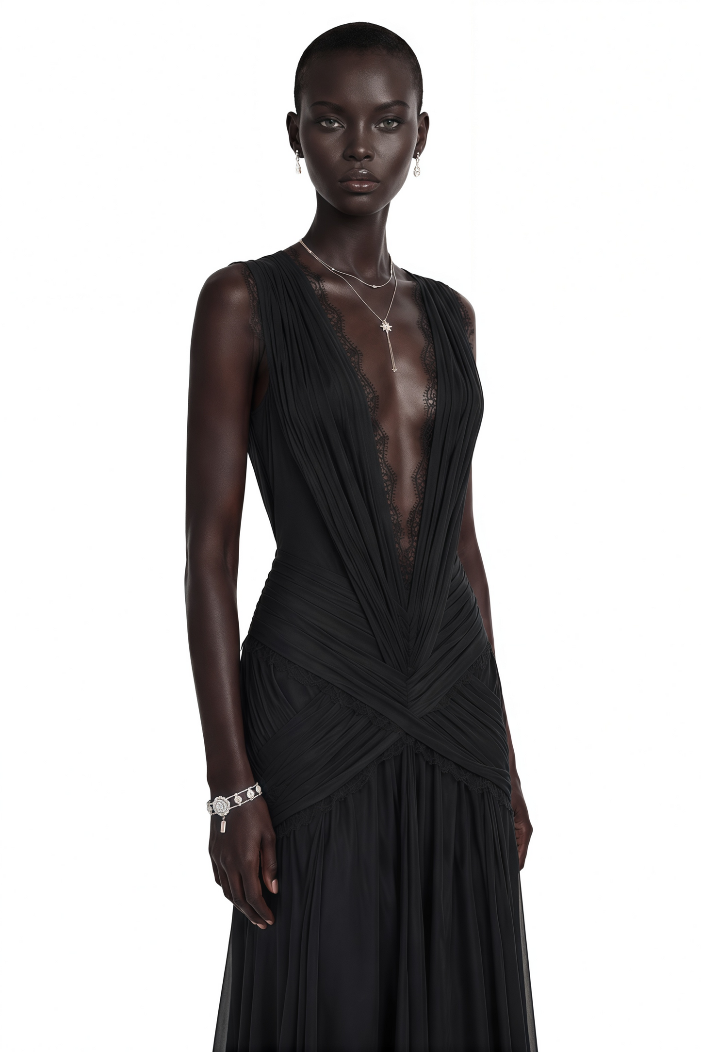 Jasmine Black Plunge Neck Ruched Maxi Dress