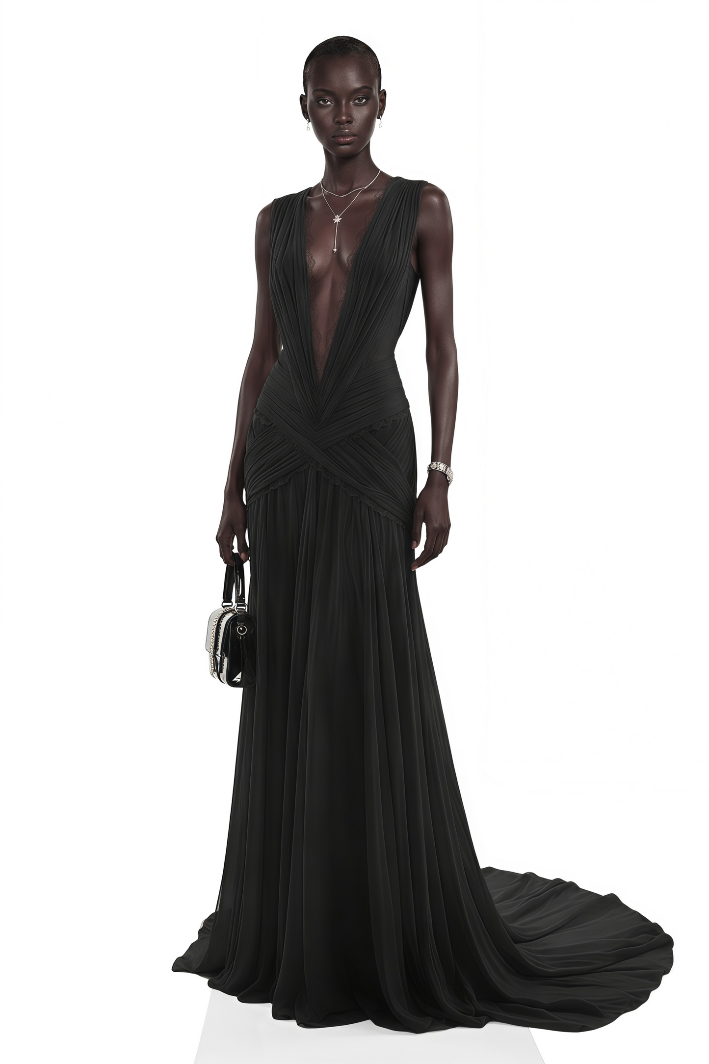 Jasmine Black Plunge Neck Ruched Maxi Dress