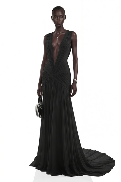 Jasmine Black Plunge Neck Ruched Maxi Dress