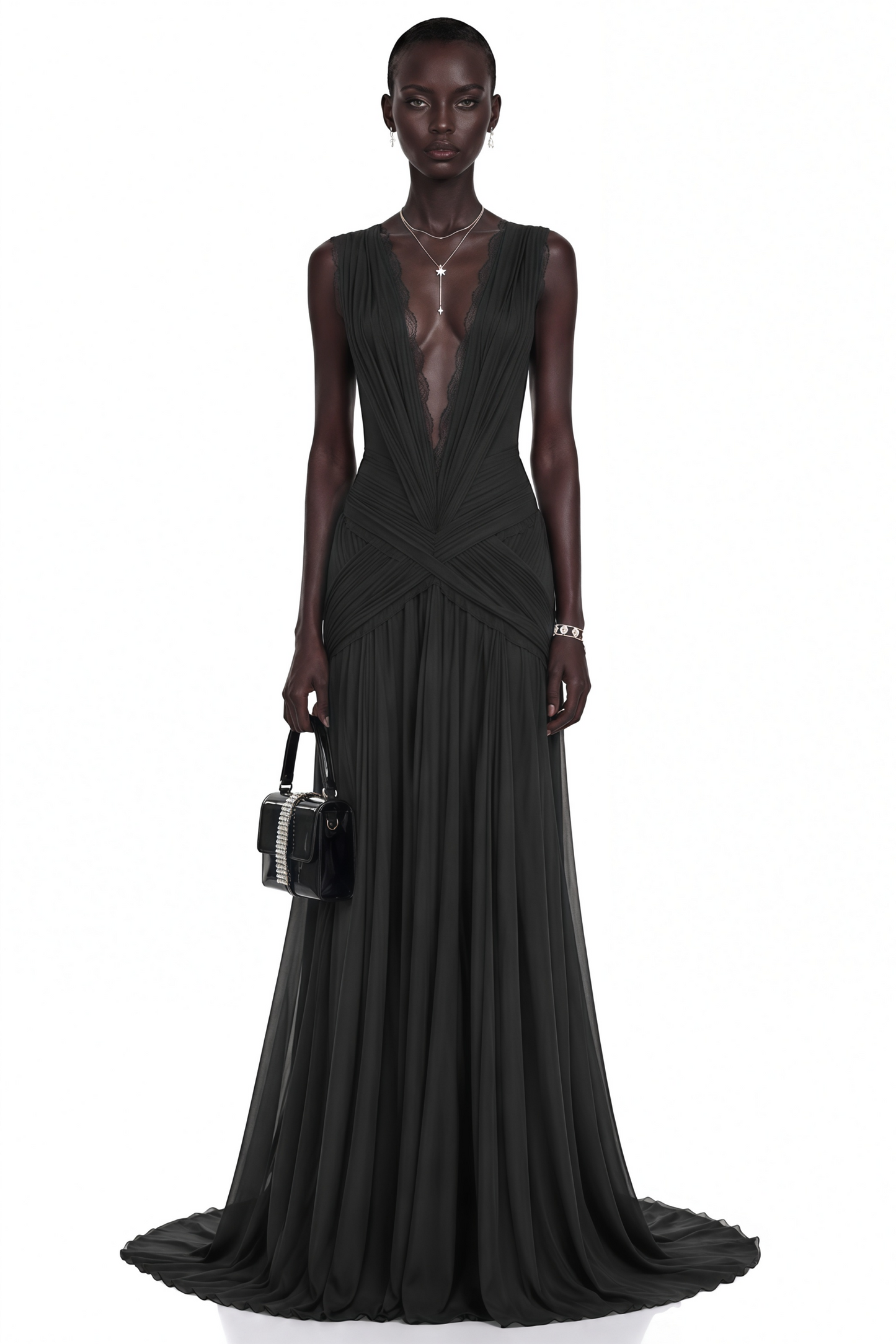Jasmine Black Plunge Neck Ruched Maxi Dress